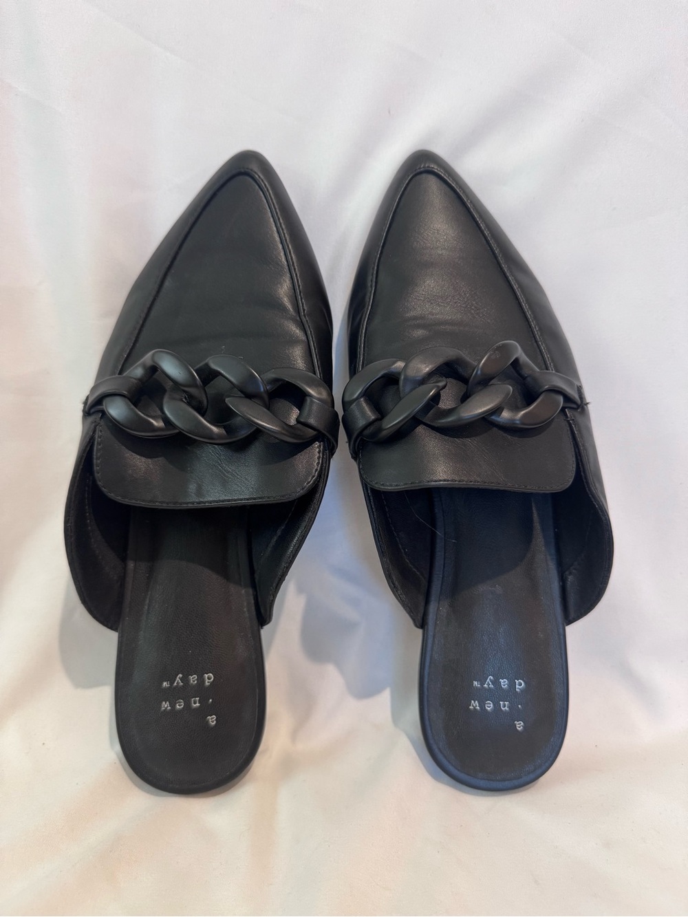 A New Day Mule Flats Black Vegan Leather Chain Slip On Loafers Women Sz 7.5